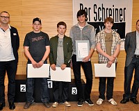 Die Sieger der Innovations-Preise Gestalten und Erfinden
mit Jurypräsident Jörg Grunder (links) und Abteilungsleiter Schreiner
des Berufsbildungszentnrums Wirtschaf, Informatik und 
Technik Willisau, Fredy von Holzen